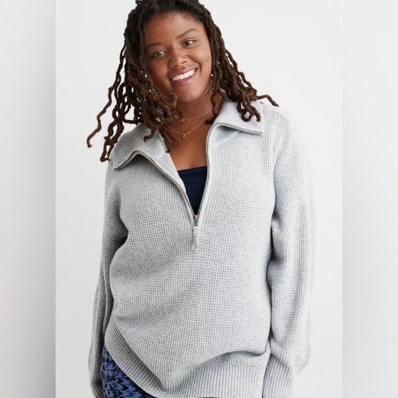 aerie Sweaters - Aerie CozyUp Waffle Quarter Zip Sweater in Heather Gray Size XXL